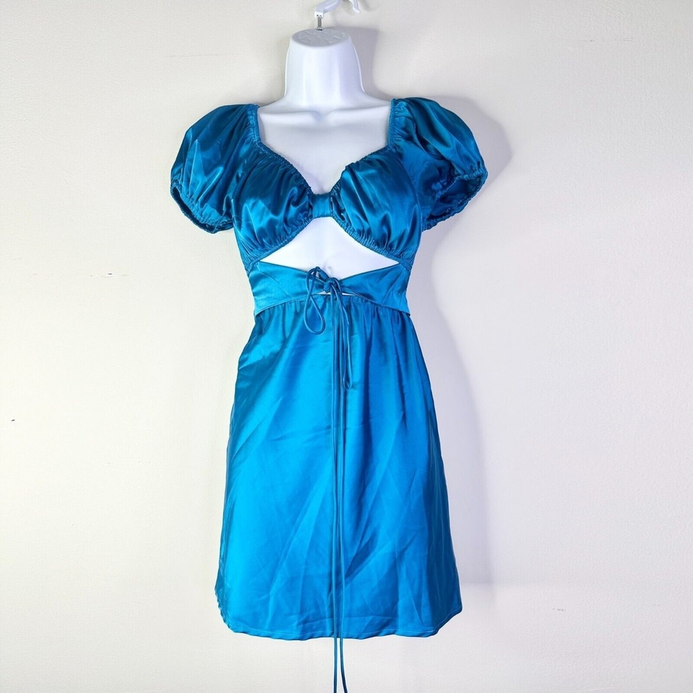 Princess Polly Dress Women 8 Blue Satin Nakita Milkmaid Mini Cutout Babydoll NWT